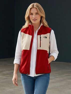 The North Face Fleece Vest Women’s Large Red Cream Full Zip Outdoor Casual